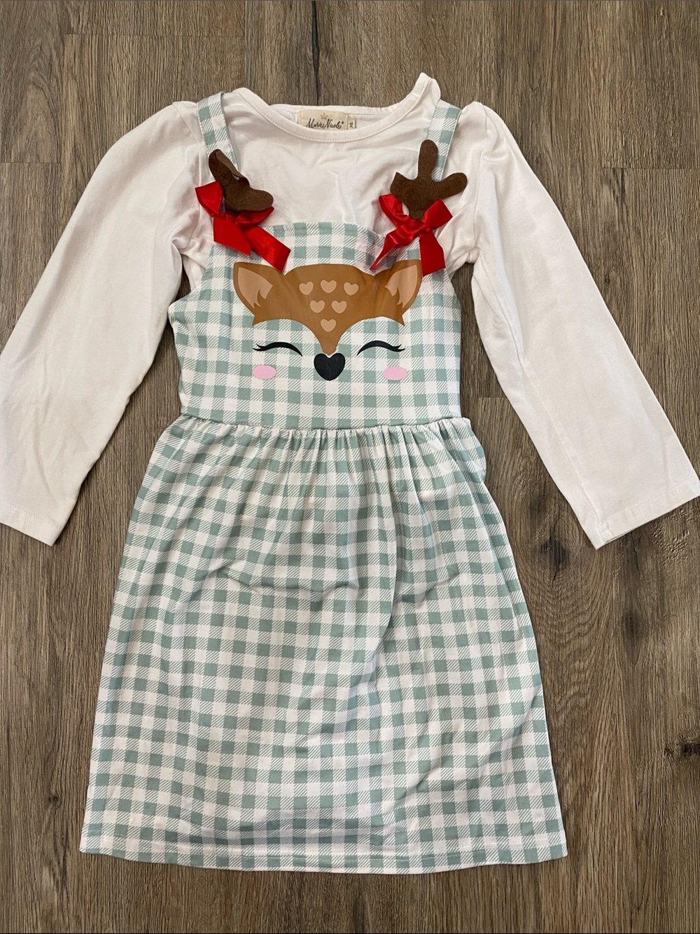 Kids Deer Gingham Matching Set - White & Sage